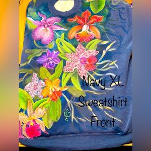 SOLD! Hand Painted Orchids on Front and Back of a Navy Blue Sweatshirt